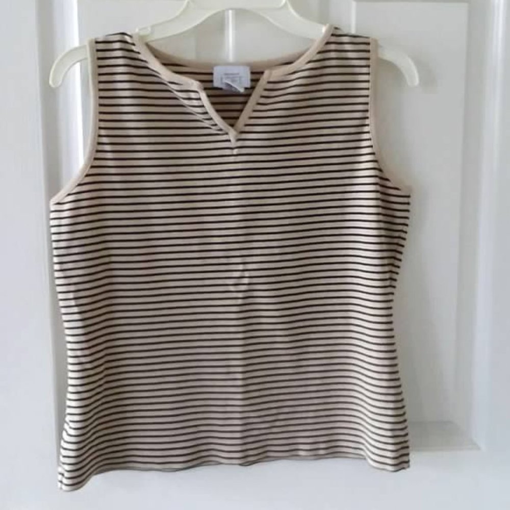 Loft Misses Tan Black Stripe Sleeve Shirt Large